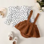 2pcs Baby Girl Allover Polka Dots Ruffle Long-sleeve Top and Solid Ribbed Strappy Bodysuit Skirt Set  image 2