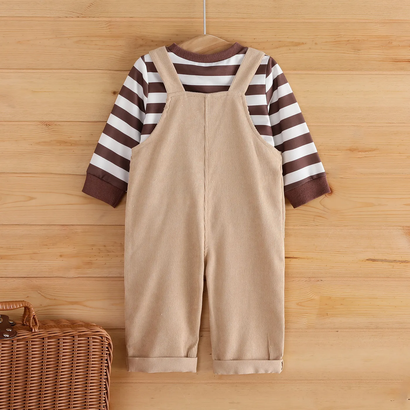 2pcs Baby Boy Stripe Long-sleeve Top and Hamburger Embroidery Ribbed Overalls Set Brown image 3