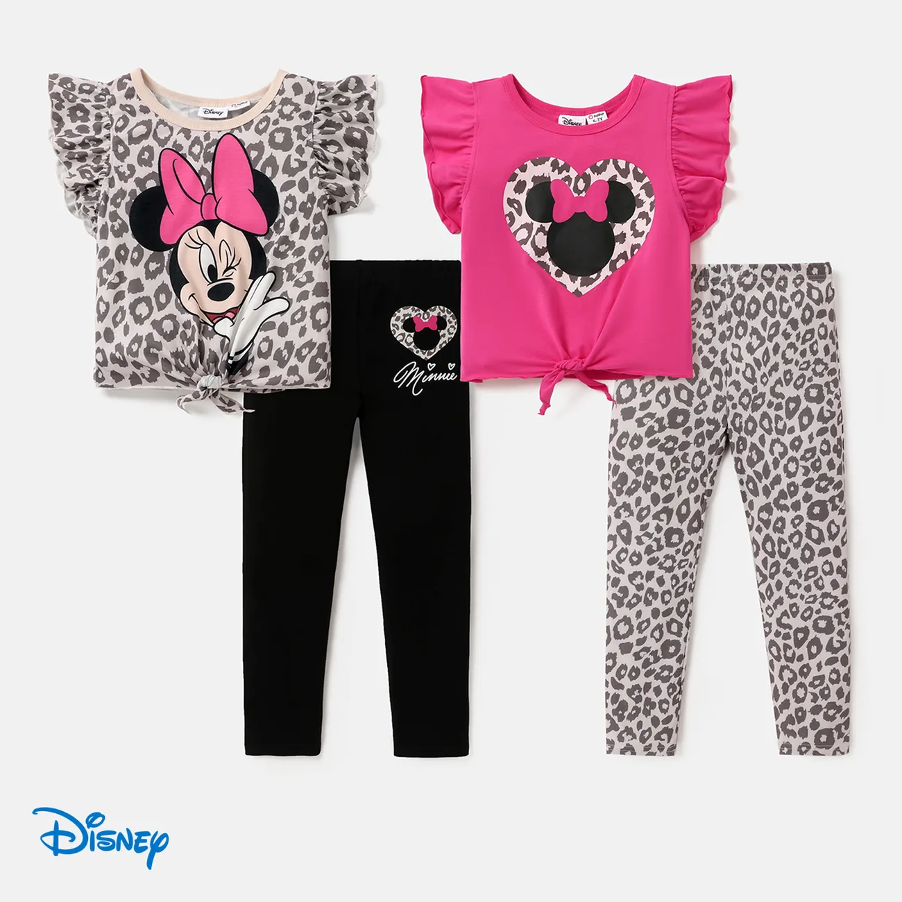 Disney Mickey and Friends Toddler/Kid Girl 2pcs Naia™ Leopard Character Print Flutter-sleeve Tee and Pants Set  Black big image 1