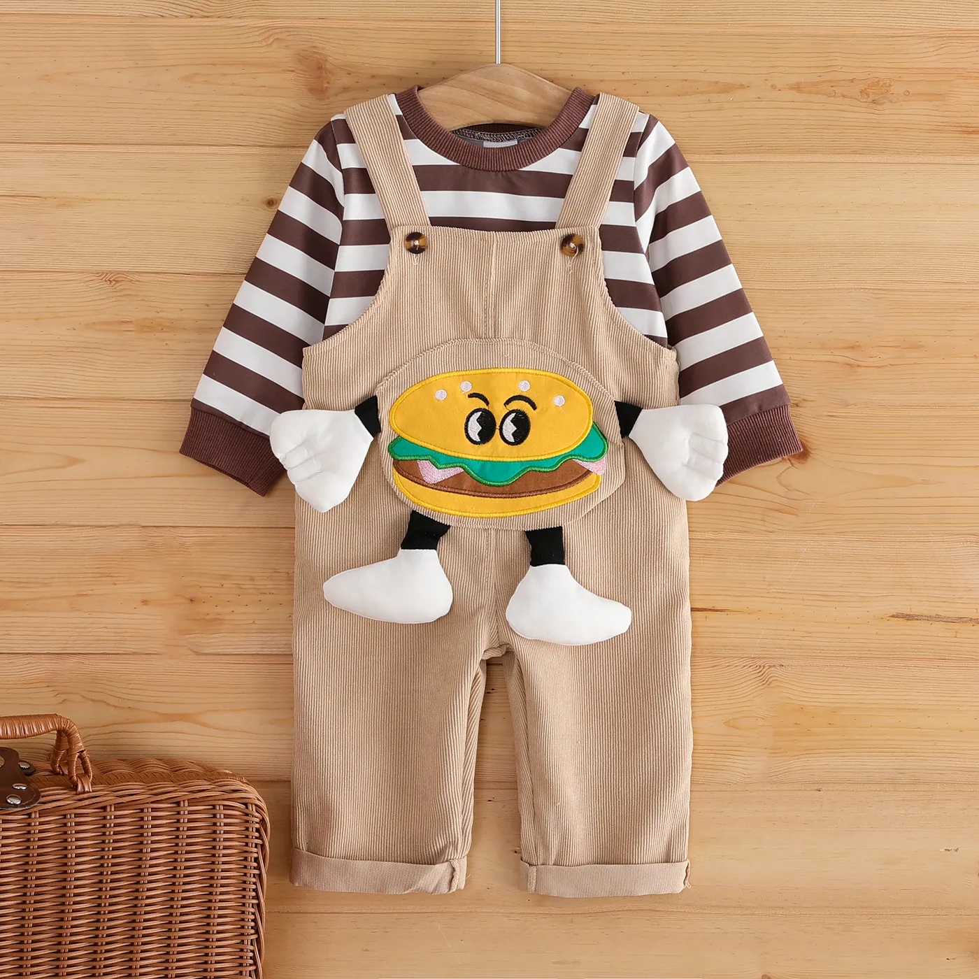 2pcs Baby Boy Stripe Long-sleeve Top and Hamburger Embroidery Ribbed Overalls Set Brown big image 1