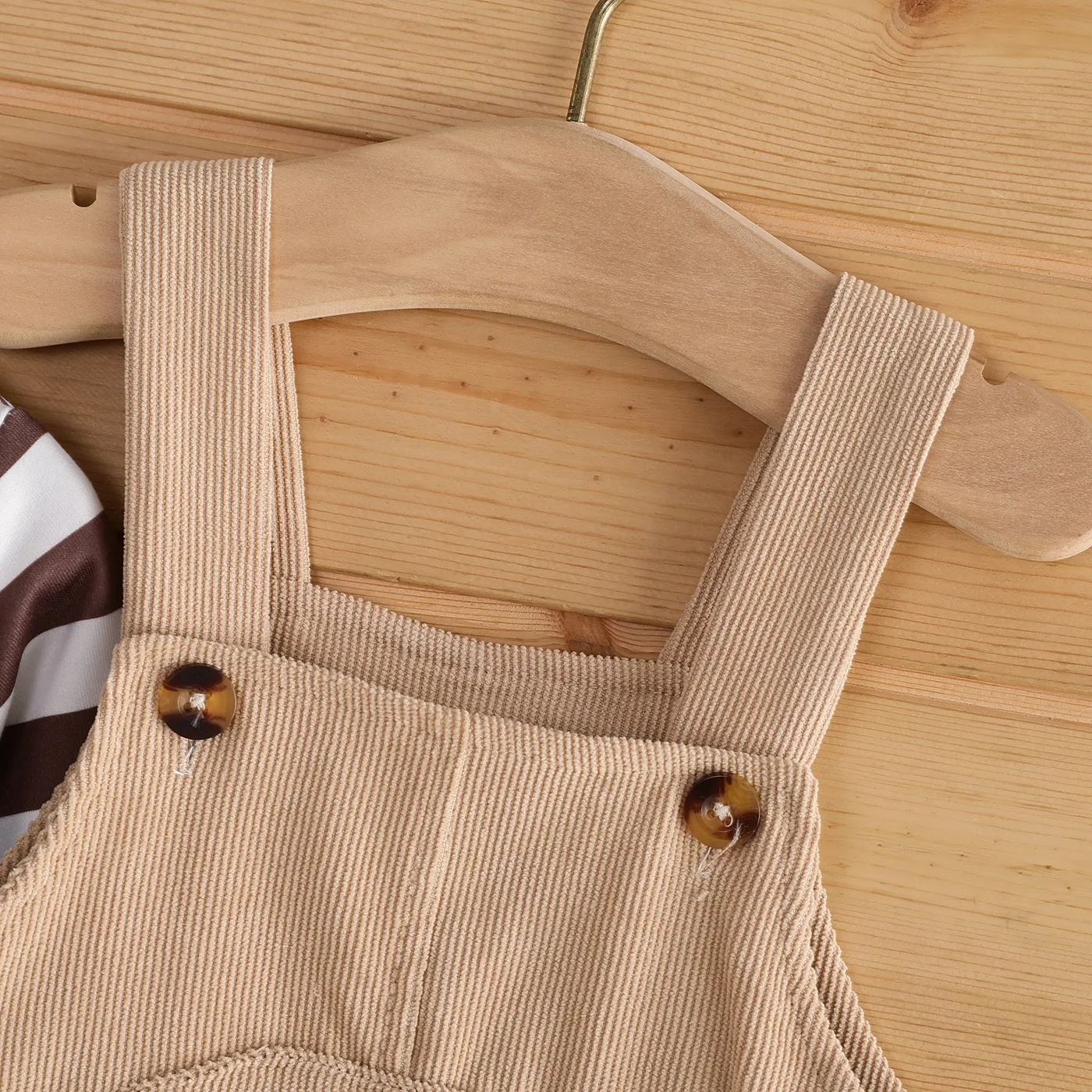 2pcs Baby Boy Stripe Long-sleeve Top and Hamburger Embroidery Ribbed Overalls Set Brown image 5