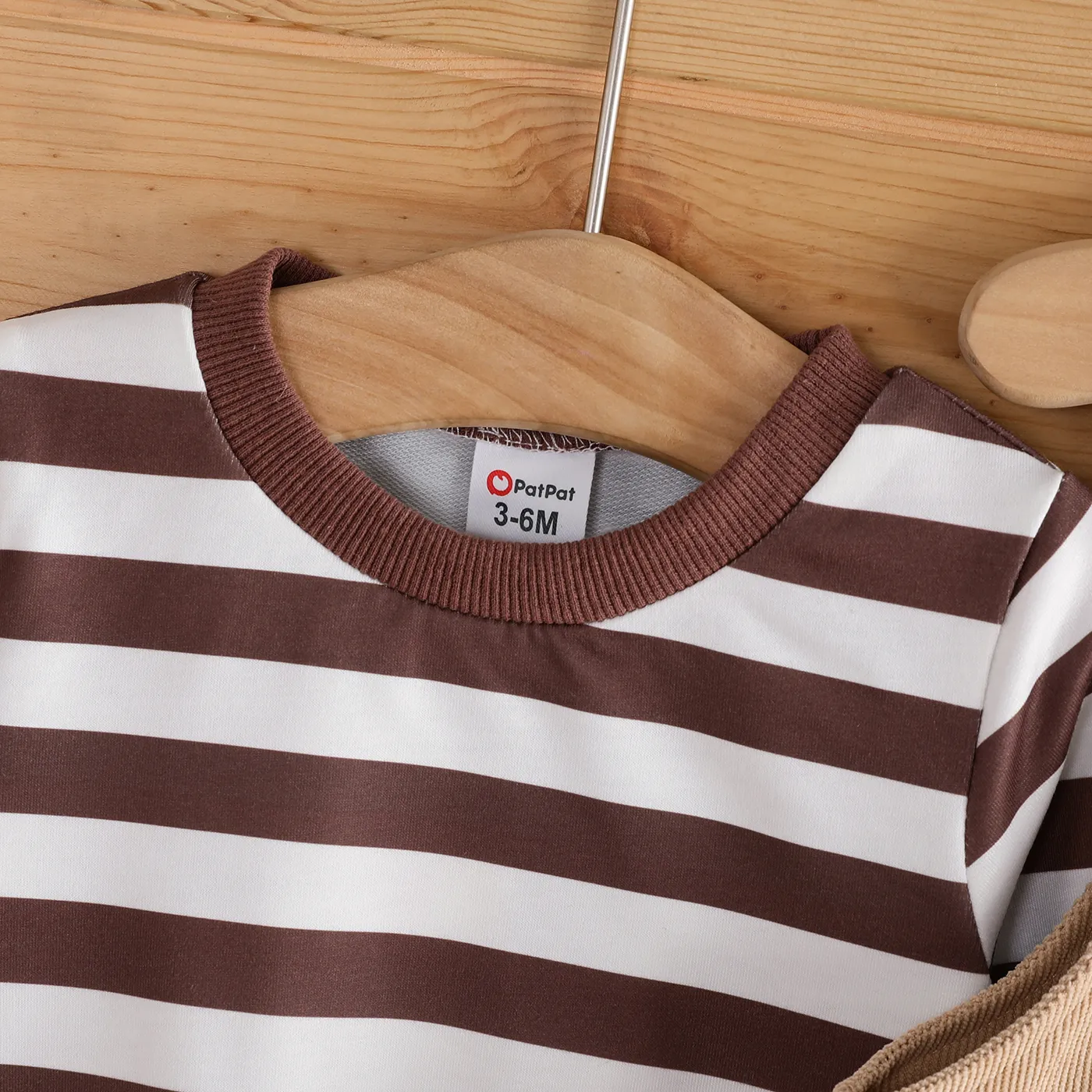 2pcs Baby Boy Stripe Long-sleeve Top and Hamburger Embroidery Ribbed Overalls Set Brown image 4