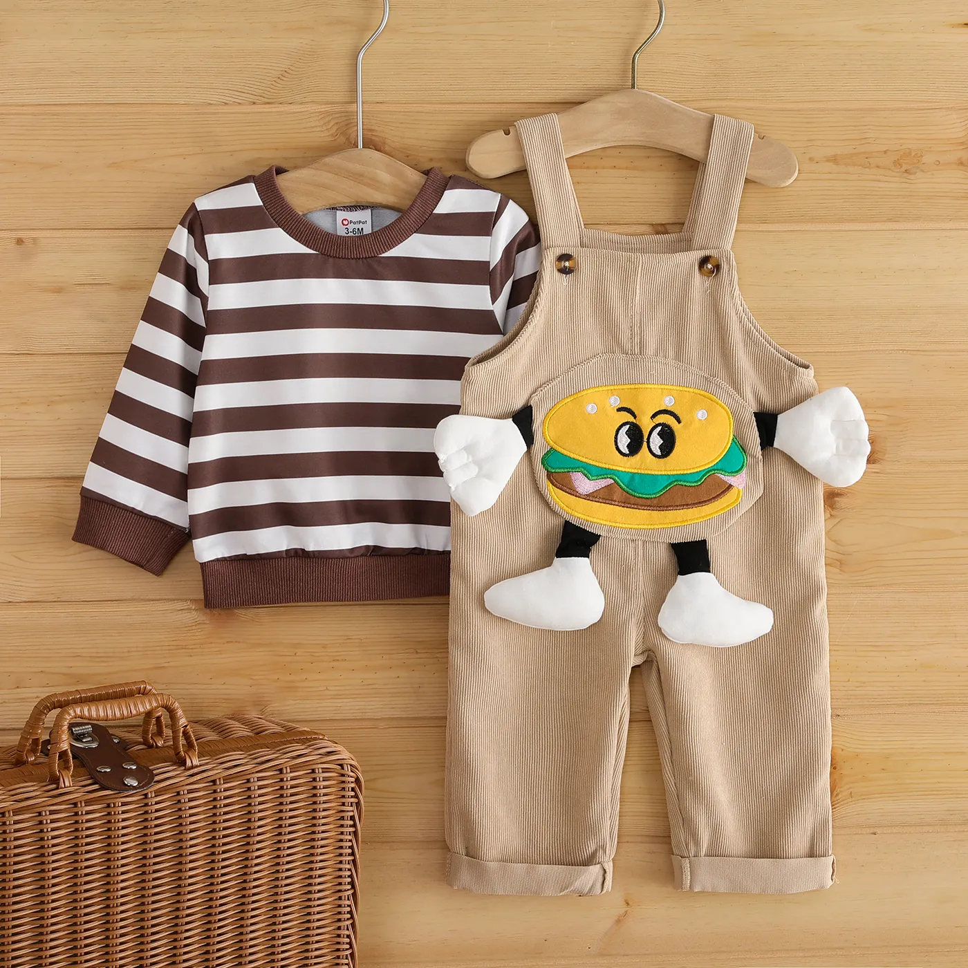 2pcs Baby Boy Stripe Long-sleeve Top and Hamburger Embroidery Ribbed Overalls Set Brown image 2
