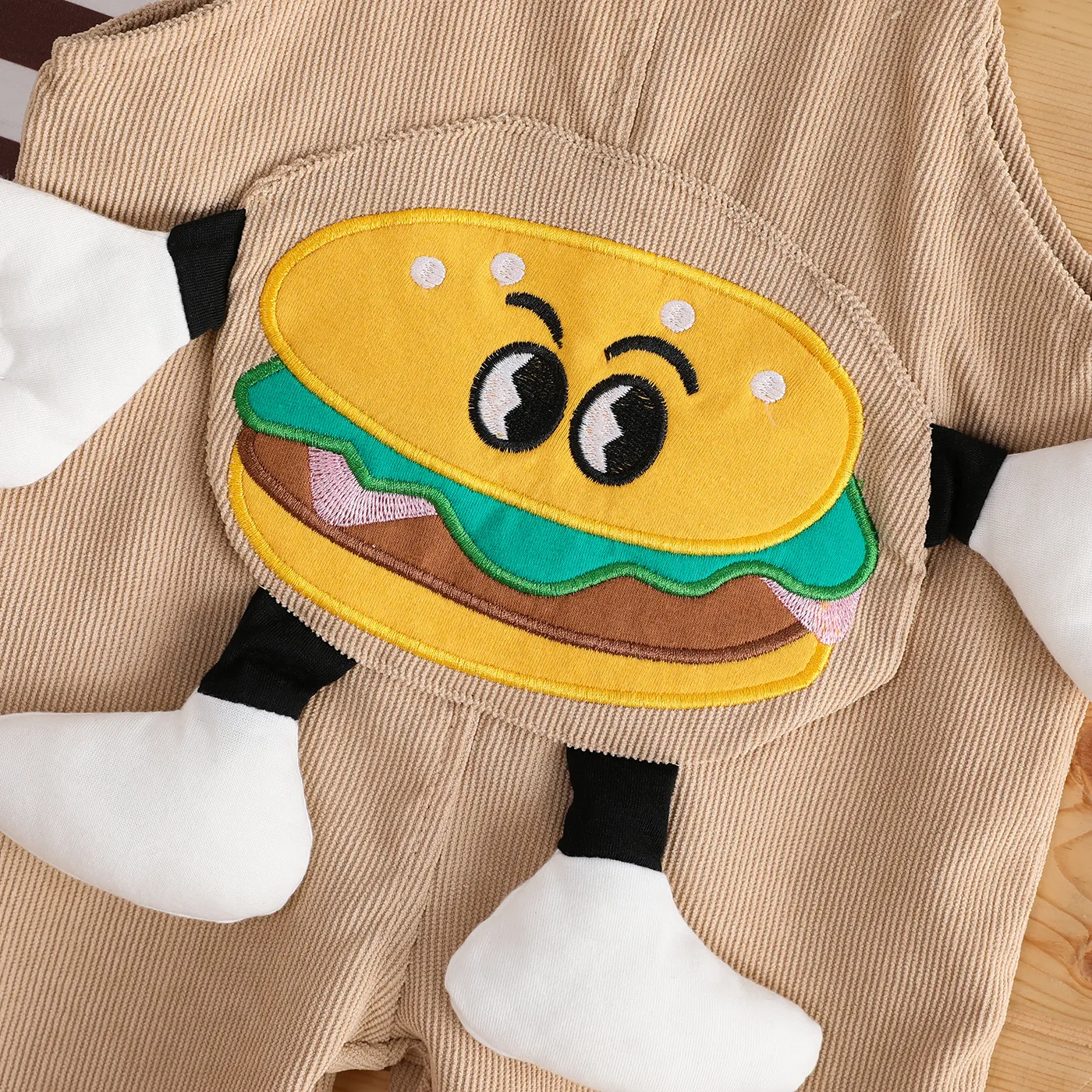2pcs Baby Boy Stripe Long-sleeve Top and Hamburger Embroidery Ribbed Overalls Set Brown image 6