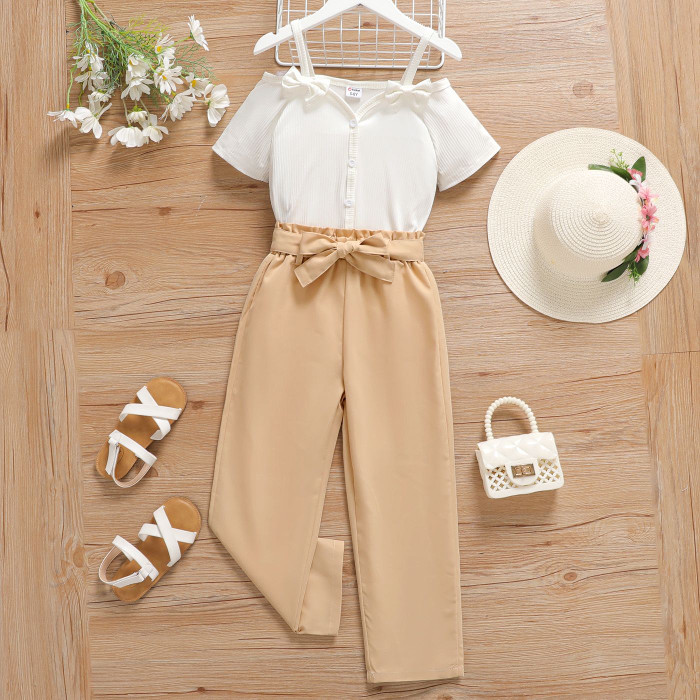 

2pcs Kid Girl Buttons Front Ribbed Bow Decor Slip Short-sleeve Top and Belted Solid Pants Set