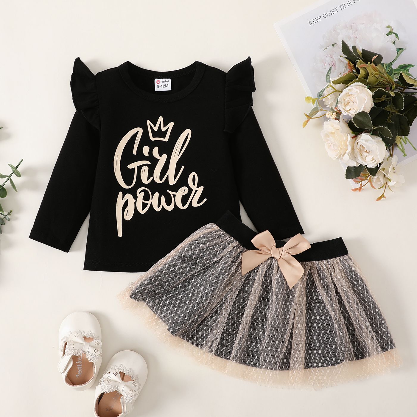 2pc Baby Girl Sweet Letter Print Mesh Longsleeve Skirt Set