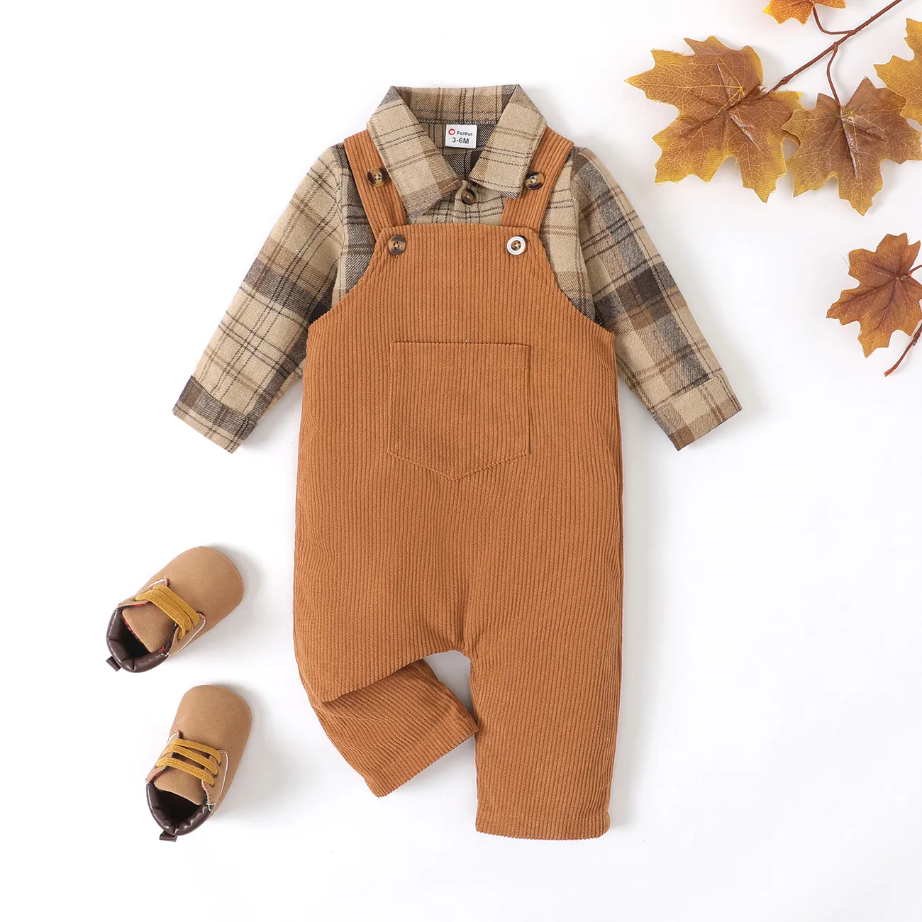 2pcs Baby Boy Buttons Front Plaid Long-sleeve Shirt and Pocket Ribbed Solid Overalls Set Brown big image 1
