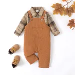 2pcs Baby Boy Buttons Front Plaid Long-sleeve Shirt and Pocket Ribbed Solid Overalls Set  image 2