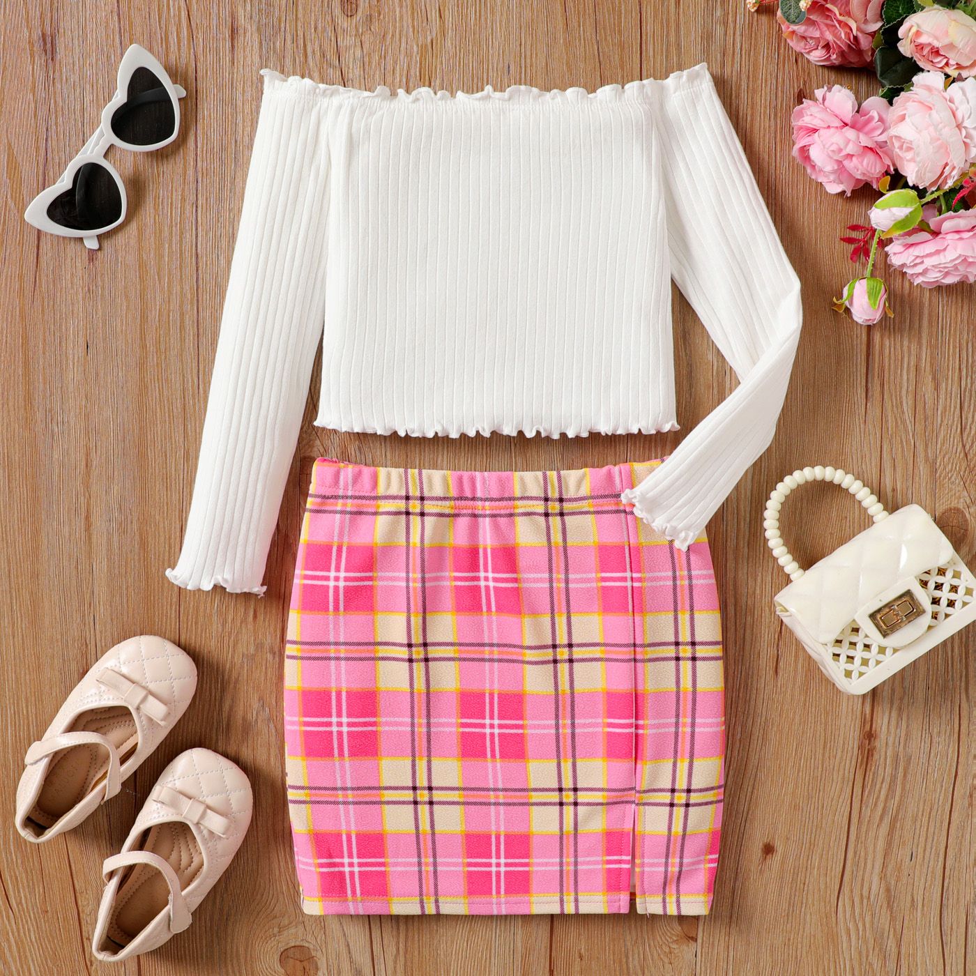 2pcs Kid Girl Ribbed Ruffle Strapless Long-sleeve Top And Plaid Skirt Set