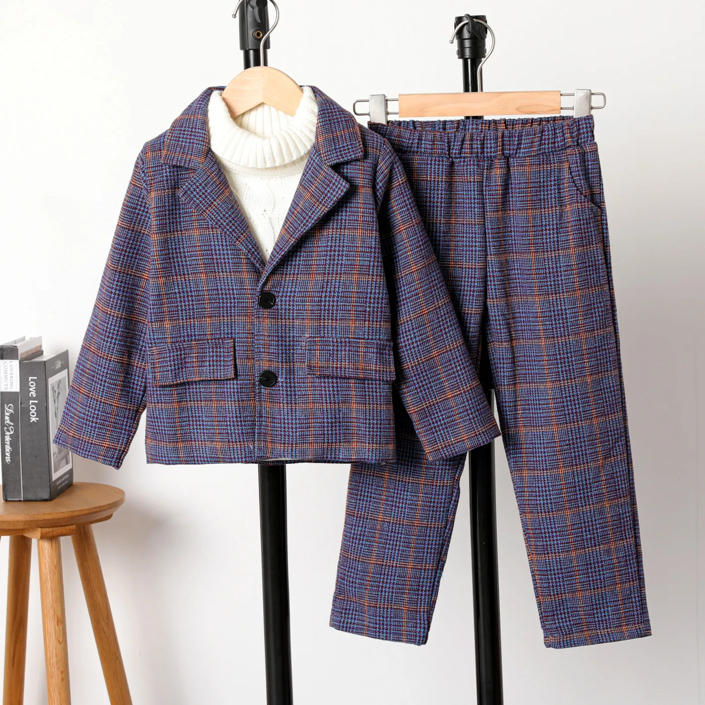 2pcs Toddler Boy Buttons Front Plaid Blazer and Pants Set