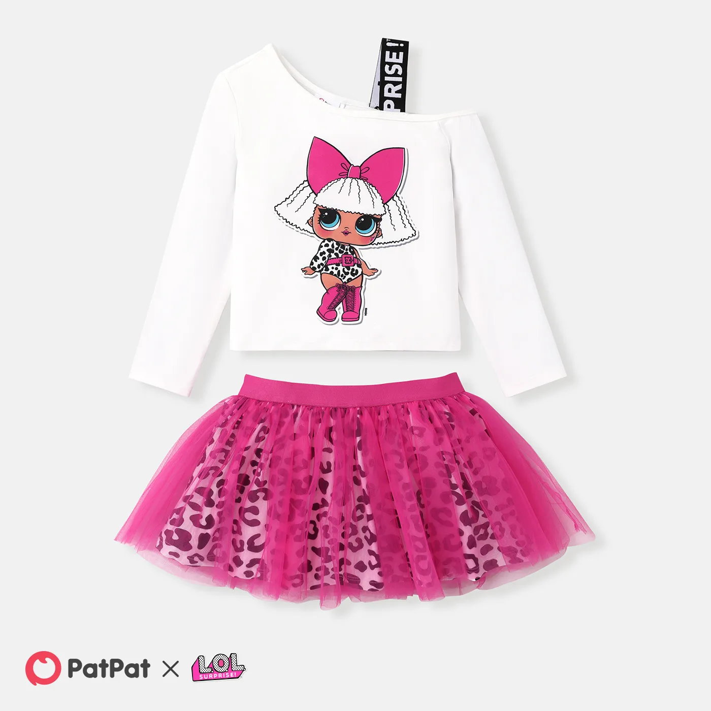L.O.L. SURPRISE! Toddler Girl 2pcs Character Print Long-sleeve One-Shoulder Top and Leopard Pattern Mesh Skirt Set  Roseo big image 1