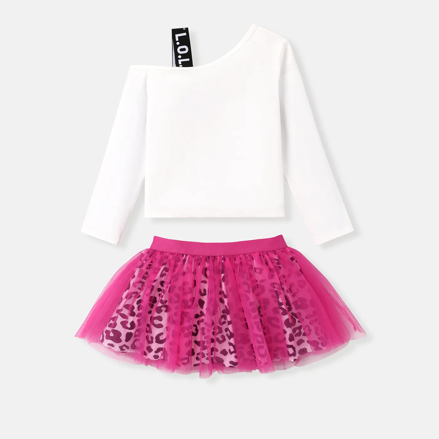 L.O.L. SURPRISE! Toddler Girl 2pcs Character Print Long-sleeve One-Shoulder Top and Leopard Pattern Mesh Skirt Set  Roseo image 2