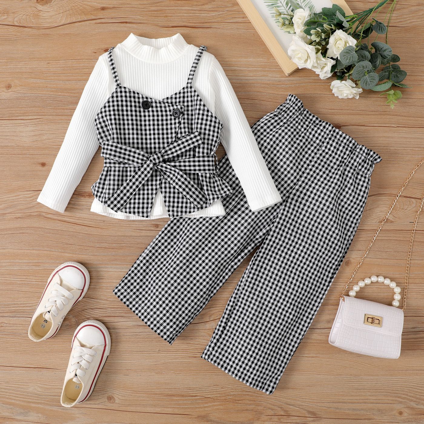 

3pcs Toddler Girl Rib-knit Top & Belted Plaid Vest & Plaid Pants Set