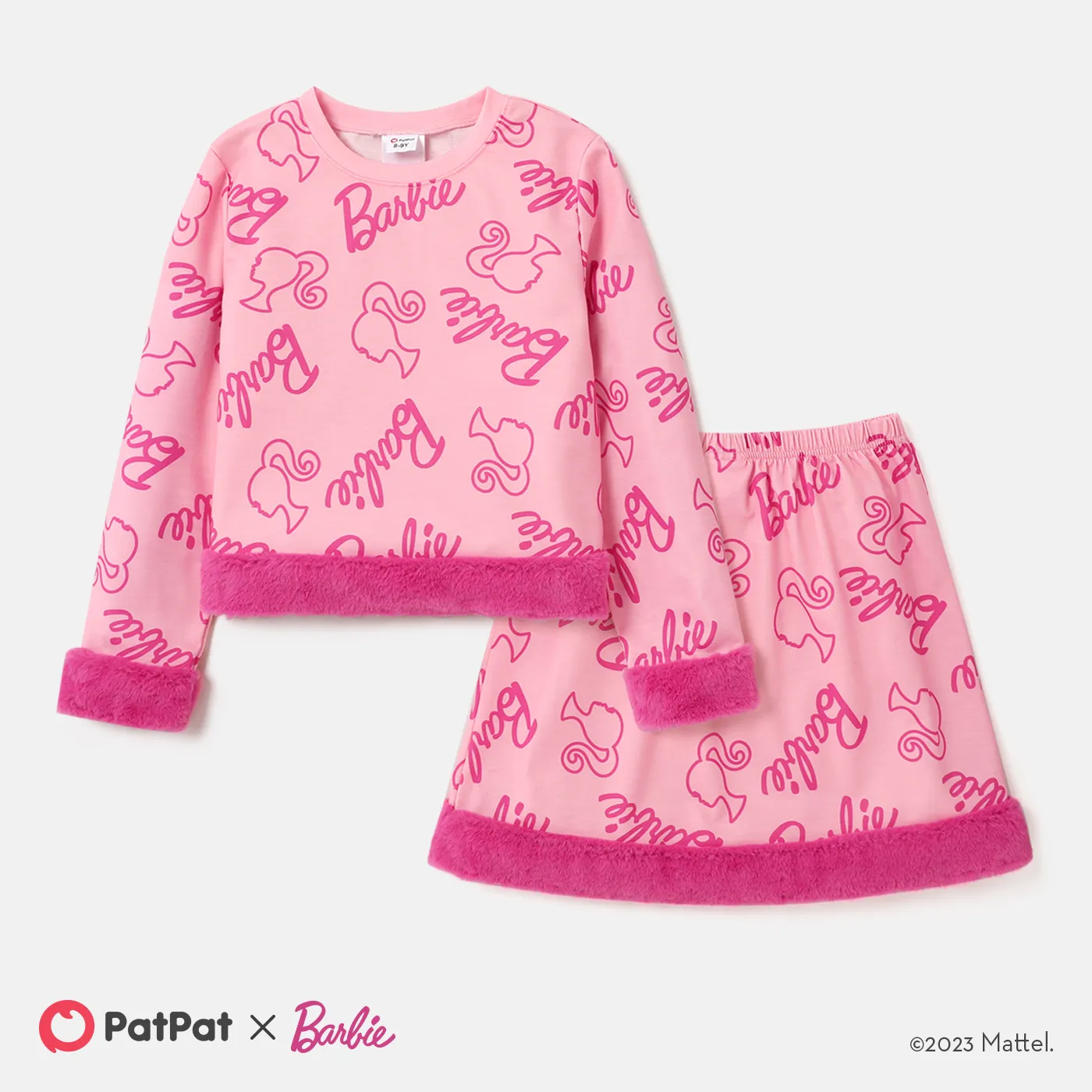 Barbie Kid Girl 2pcs Naia™ Figure Letter Print Fuzzy Trim Pullover and Skirt Set   image 4