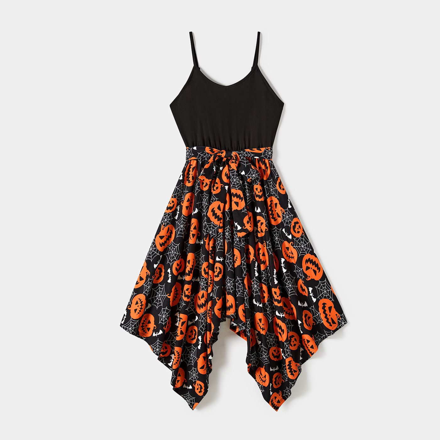 

Halloween Family Matching Pumpkin Print Spaghetti Strap Sleeveless Dresses and Solid Color Short Sleeve Tops Sets