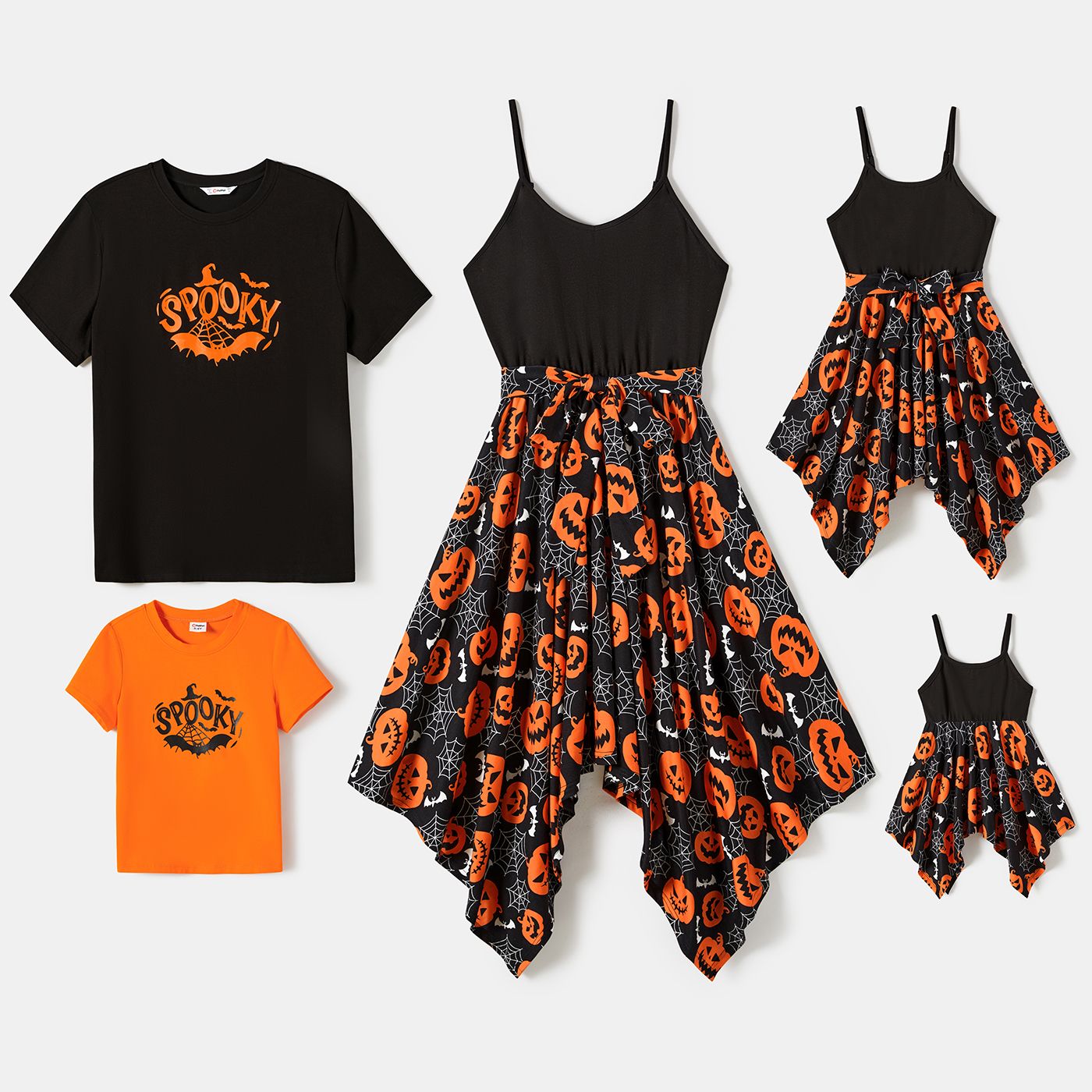 

Halloween Family Matching Pumpkin Print Spaghetti Strap Sleeveless Dresses and Solid Color Short Sleeve Tops Sets