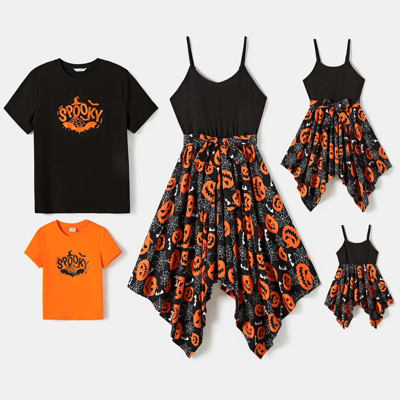 Halloween Family Matching Pumpkin Print Spaghetti Strap Sleeveless Dresses and Solid Color Short Sleeve Tops Sets MultiColour image 2