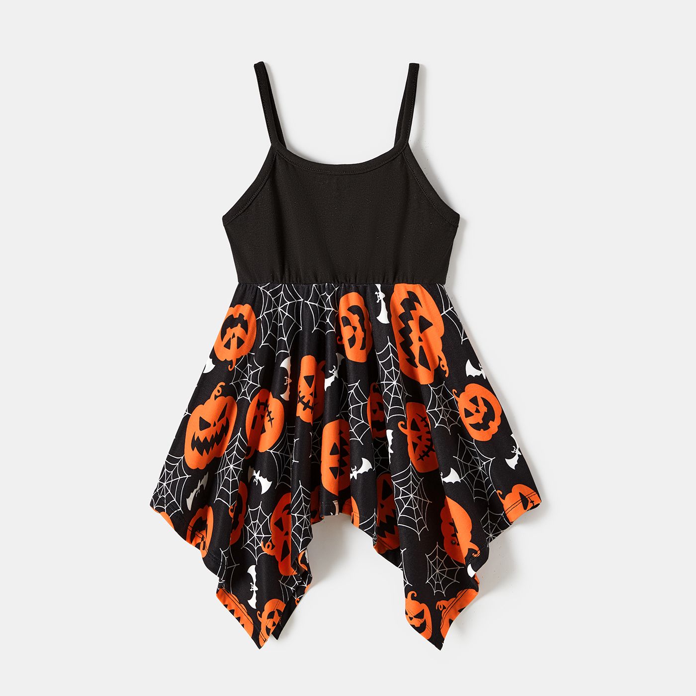 Halloween Family Matching Pumpkin Print Spaghetti Strap Sleeveless Dresses and Solid Color Short Sle