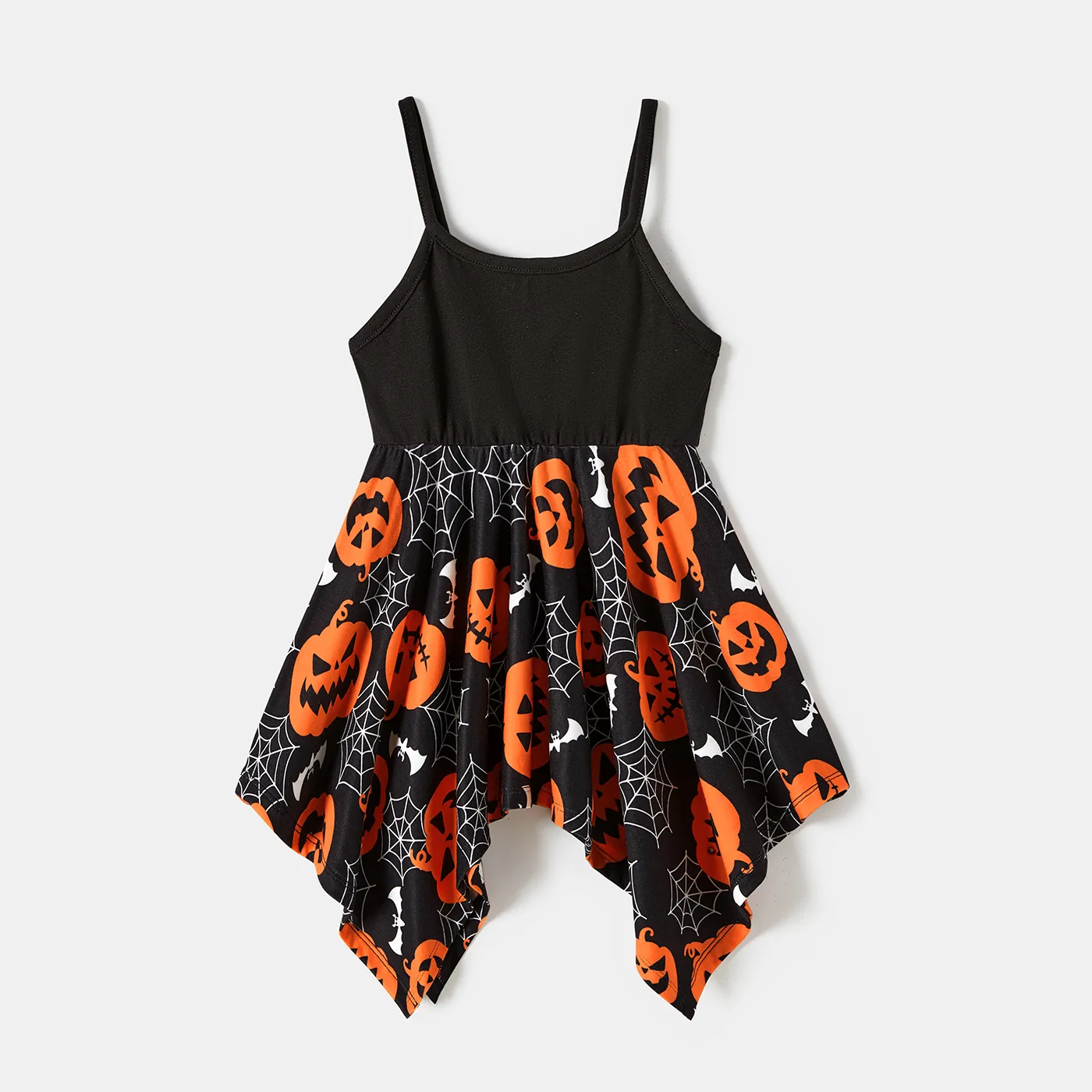 Halloween Family Matching Pumpkin Print Spaghetti Strap Sleeveless Dresses and Solid Color Short Sleeve Tops Sets MultiColour big image 1
