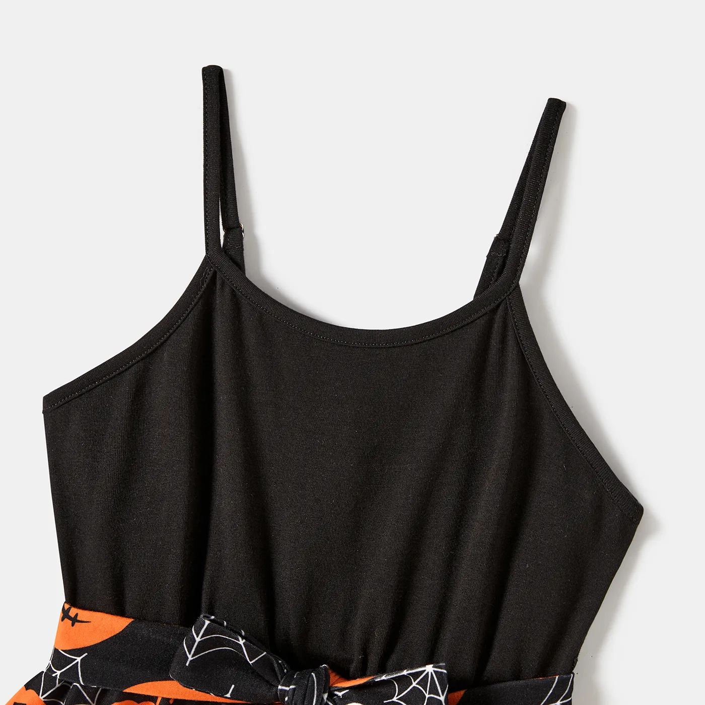 Halloween Family Matching Pumpkin Print Spaghetti Strap Sleeveless Dresses and Solid Color Short Sleeve Tops Sets MultiColour image 3