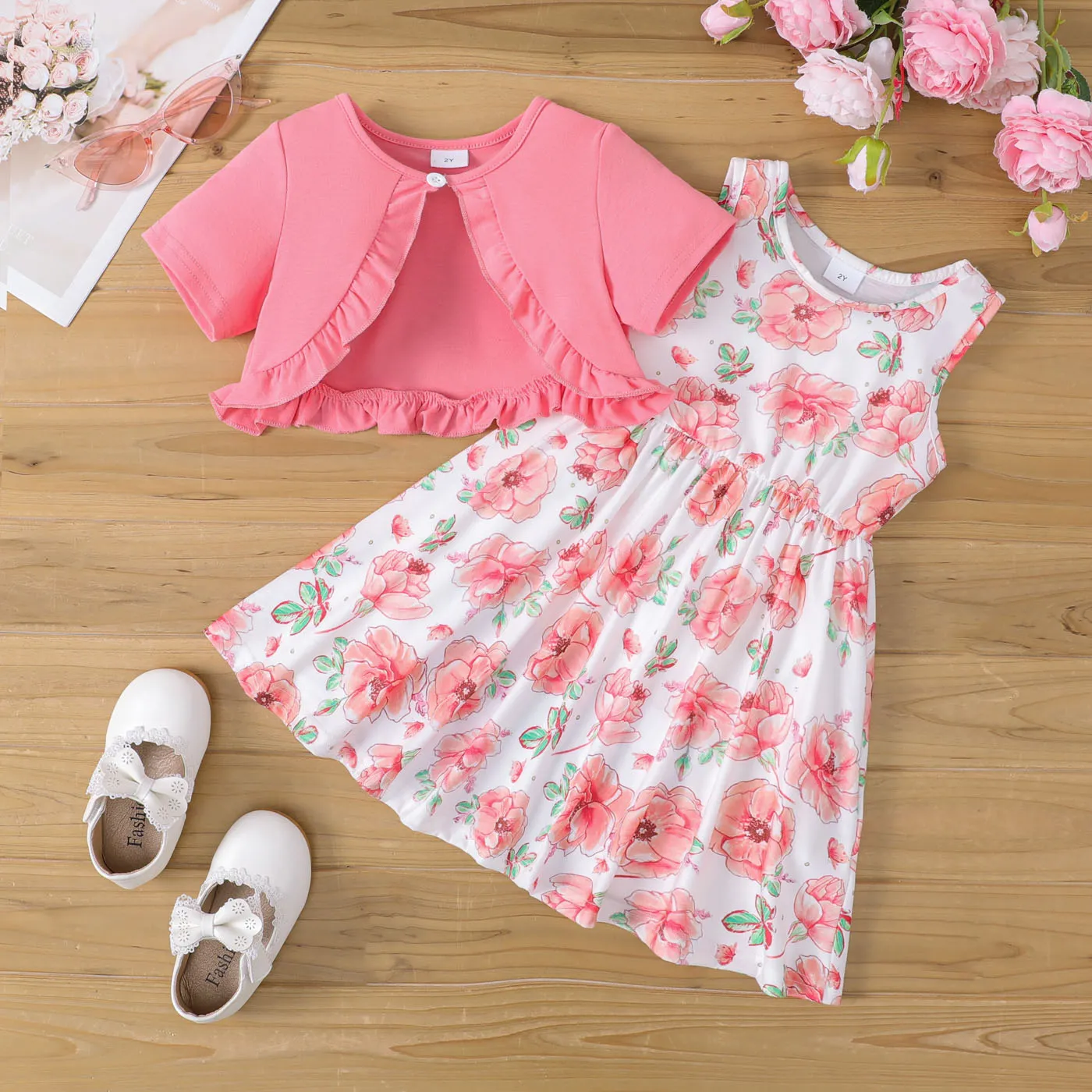 2pcs Toddler Girl Ruffled Cardigan Et Floral Print Tank Dress Set