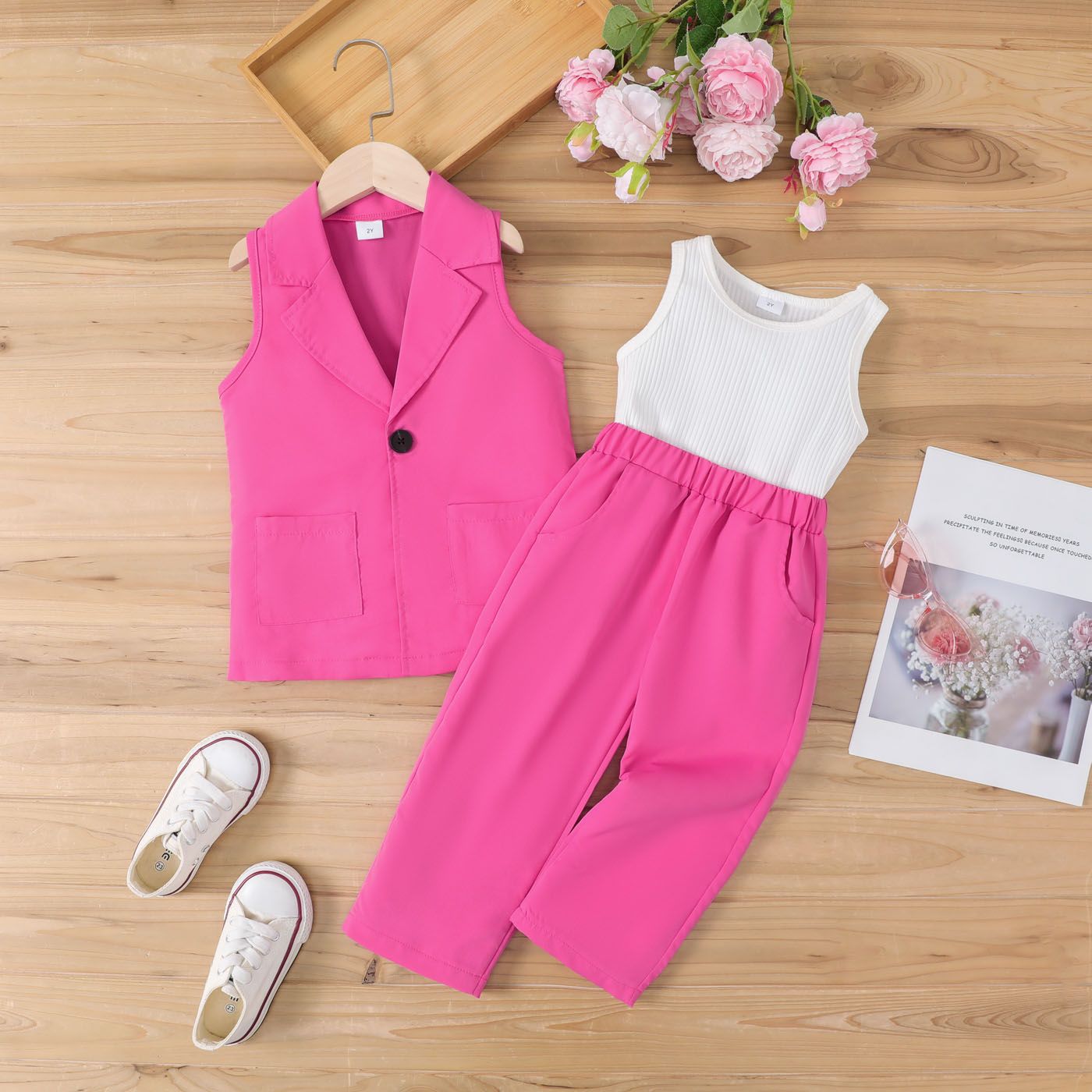 3pcs toddler girl rib-knit tank top & pink vest blazer & pants set