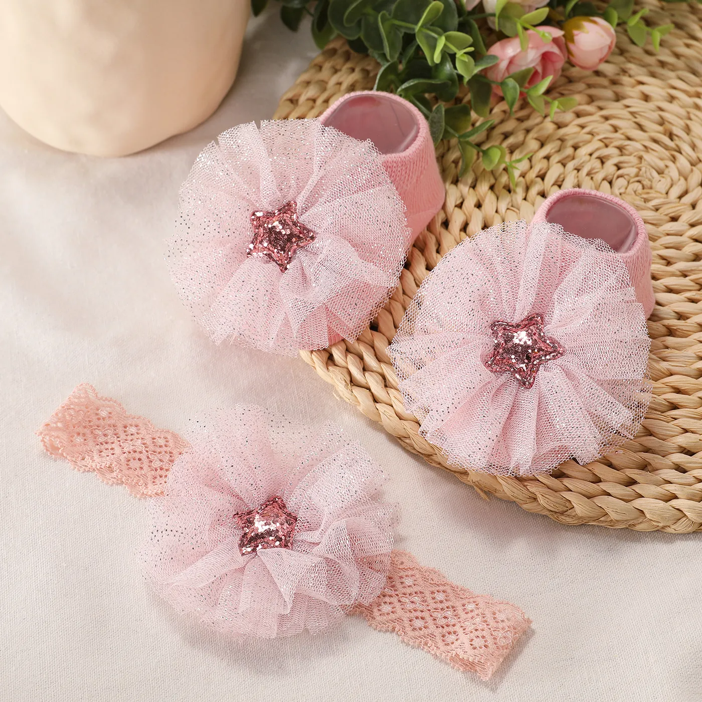 2pcs Baby Stars Floral Pattern Socks and Headband Set  big image 1