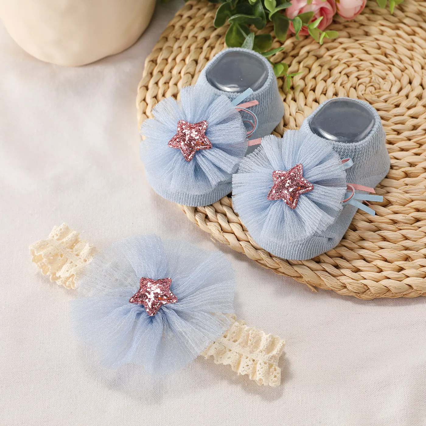 2pcs Baby Stars Floral Pattern Socks and Headband Set Blue