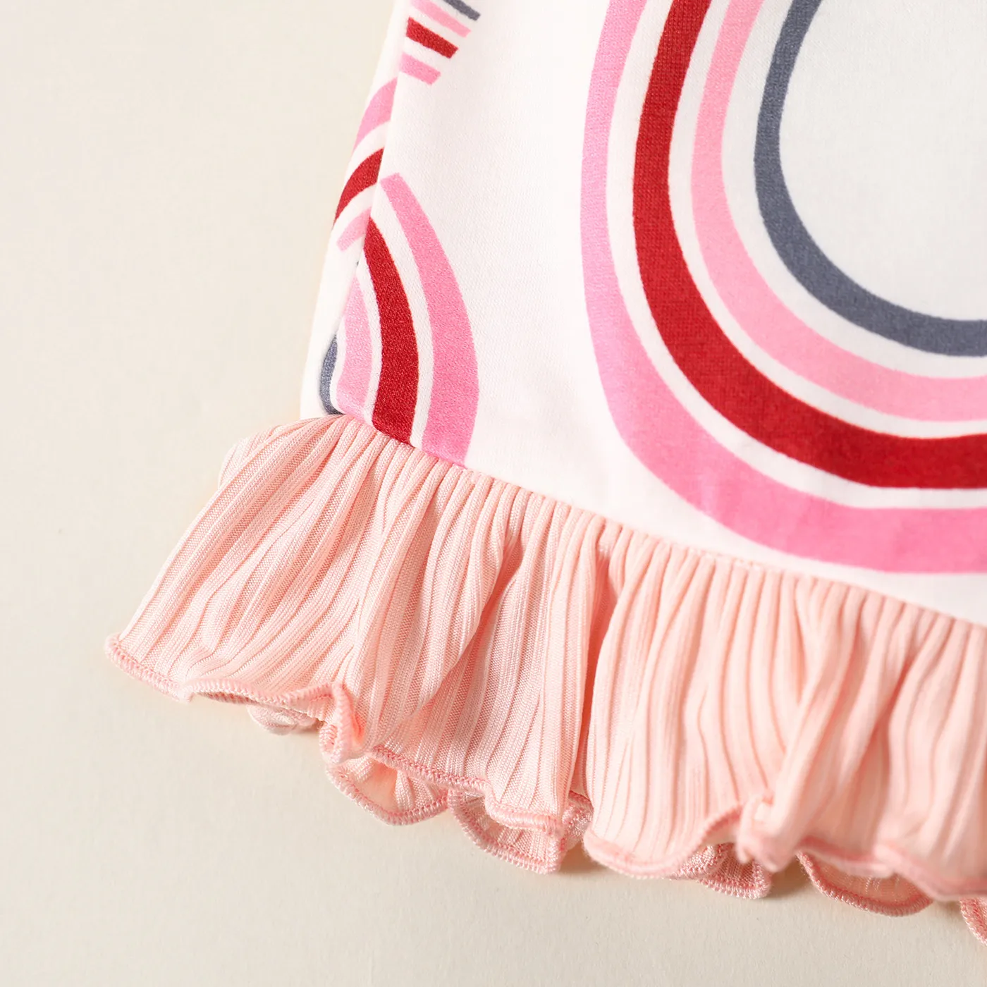 2pcs Toddler Girl Pink Bow Front Rib-knit Camisole and Rainbow Print Ruffle Trim Shorts Set  Pink image 4