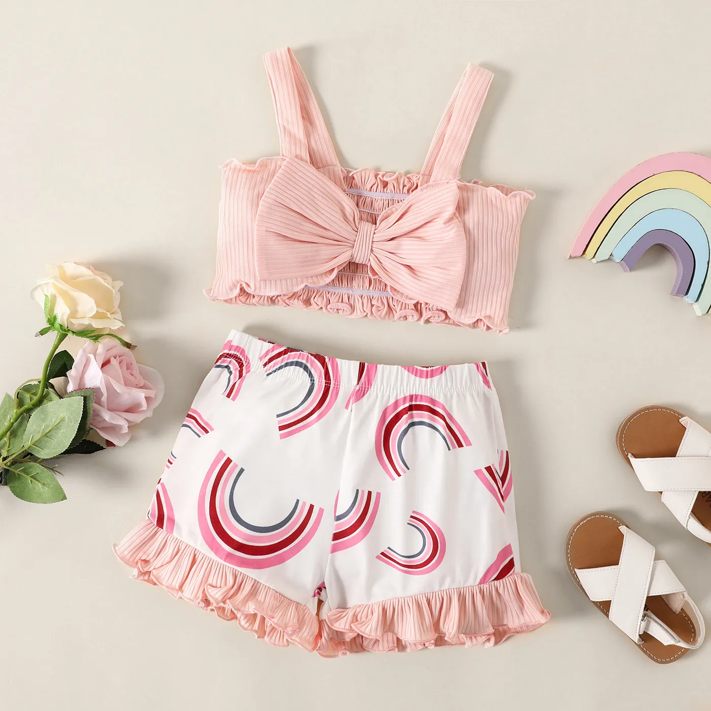 2pcs Toddler Girl Pink Bow Front Rib-knit Camisole and Rainbow Print Ruffle Trim Shorts Set  Pink big image 1