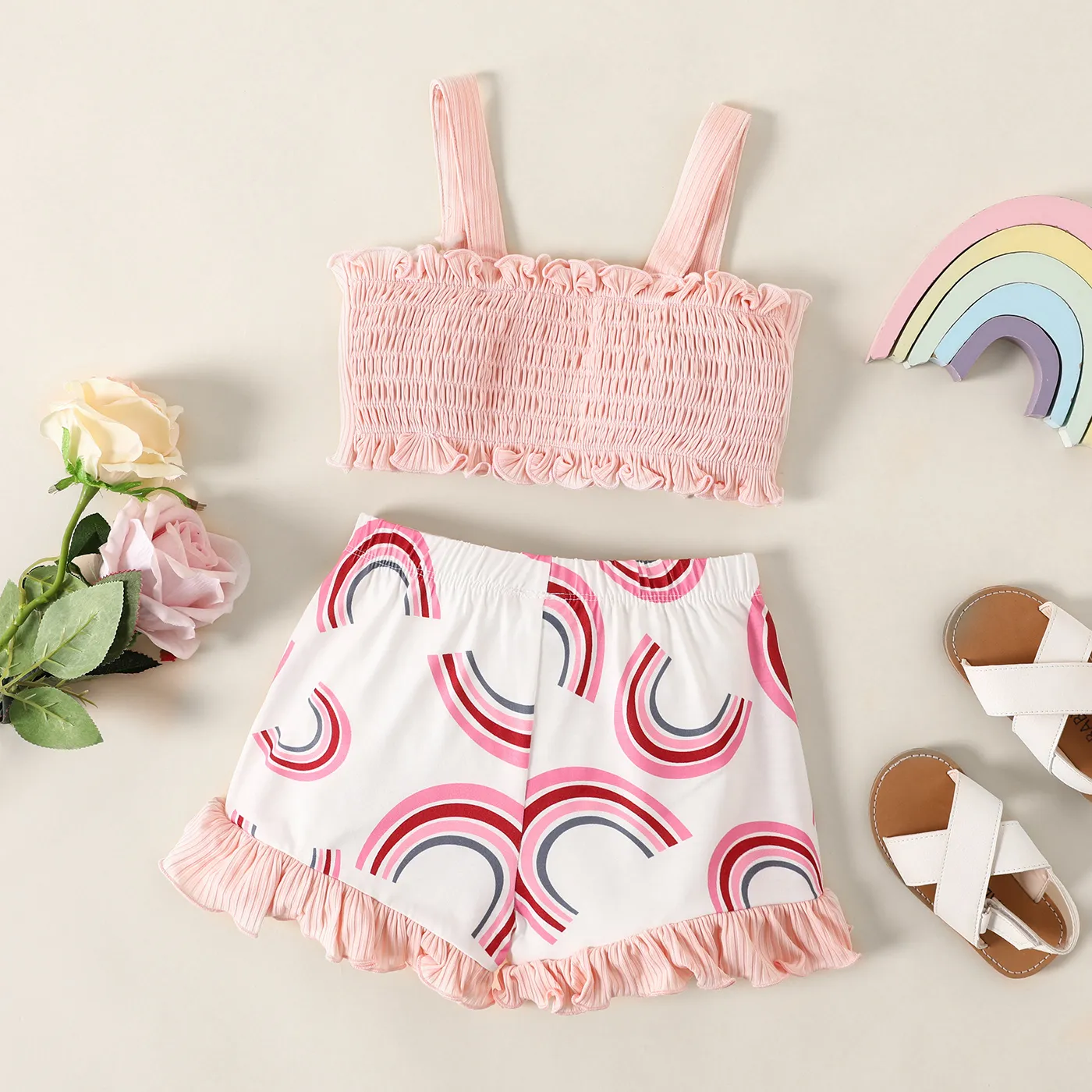 2pcs Toddler Girl Pink Bow Front Rib-knit Camisole and Rainbow Print Ruffle Trim Shorts Set  Pink image 2