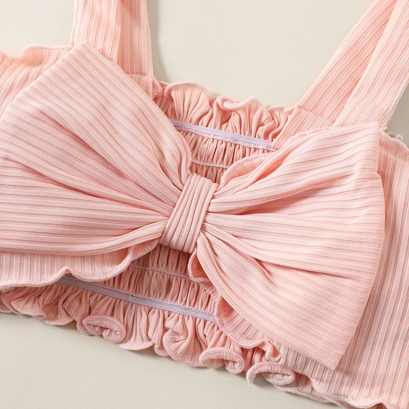 2pcs Toddler Girl Pink Bow Front Rib-knit Camisole and Rainbow Print Ruffle Trim Shorts Set  Pink image 3