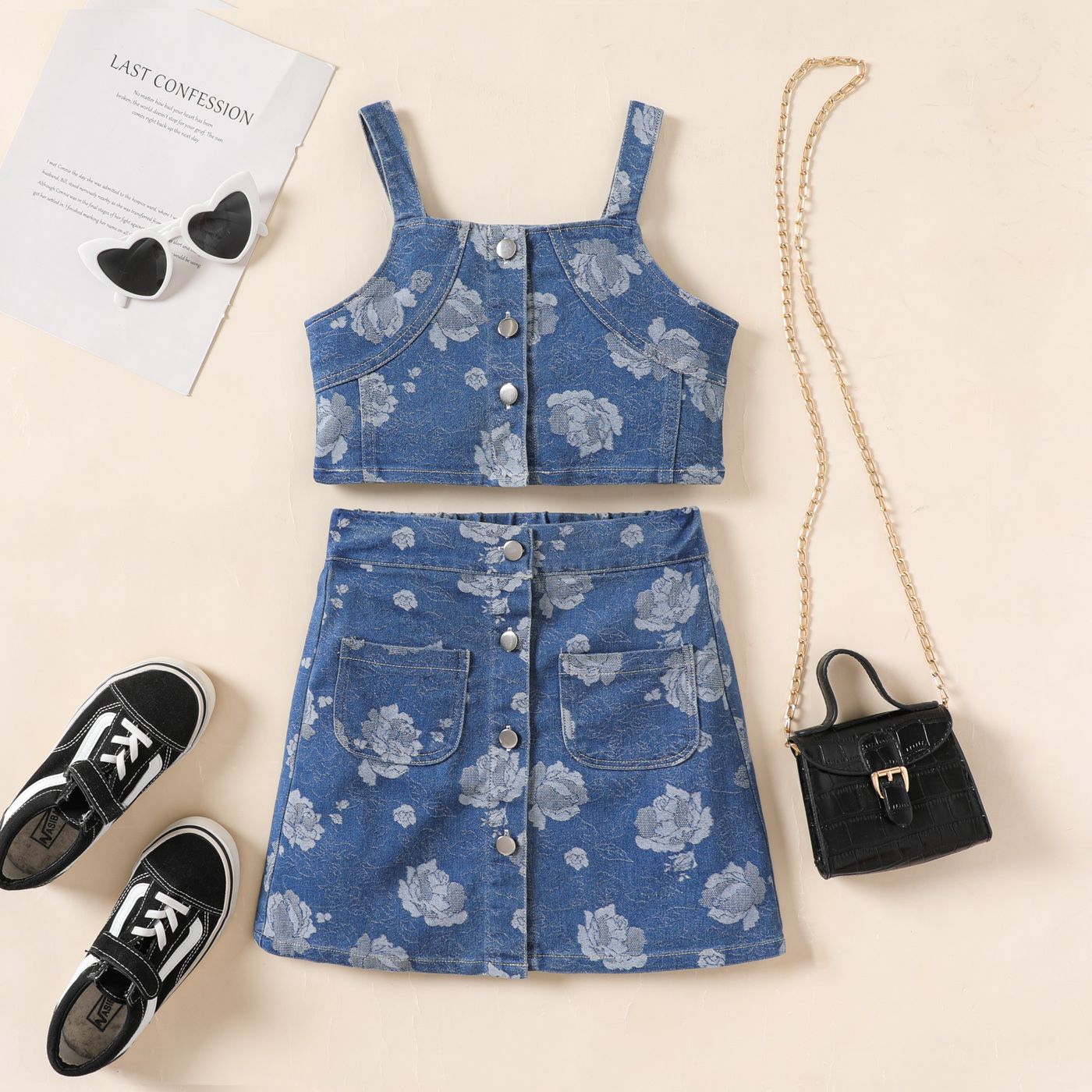 2pcs Kid Girl 95% Cotton Button Front Allover Floral Print Cami Top And Pockets Skirt Set