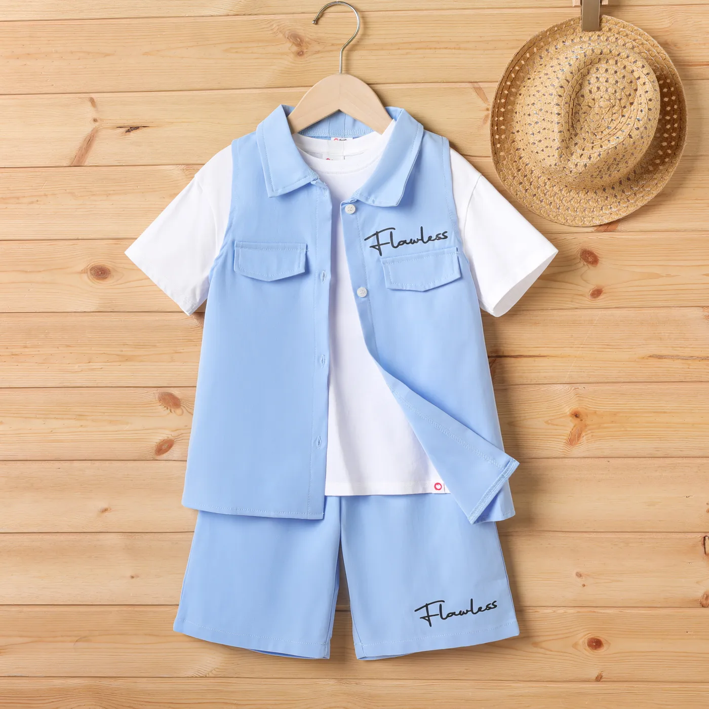 2pcs Kid Boy Letter Detail Vest Blouse and Shorts Set