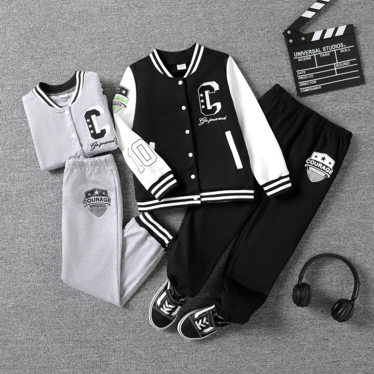 2pcs Kid Boy Buttons Front Letters Embroidery Varsity Jacket and Pants Set Black big image 1