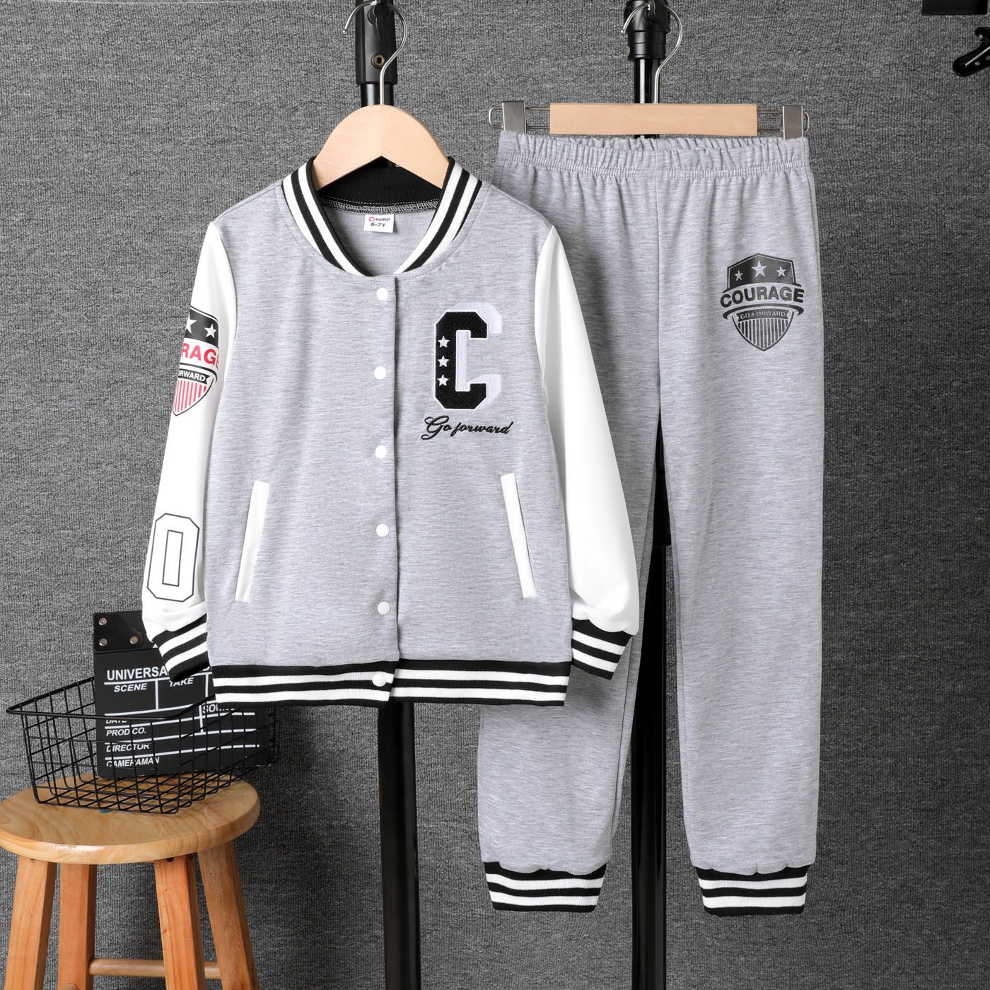 2pcs Kid Boy Buttons Front Letters Embroidery Varsity Jacket And Pants Set