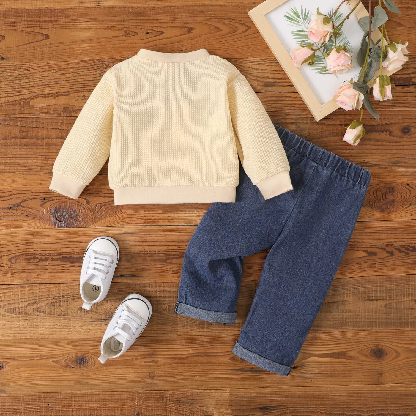 2pcs Baby Boy Buttons Front Long-sleeve Jacket and 100% Cotton Ripped Jeans Set Apricot image 2