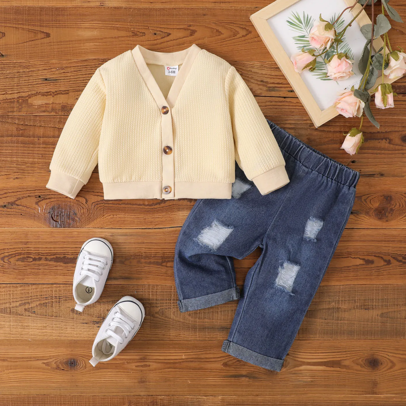2pcs Baby Boy Buttons Front Long-sleeve Jacket and 100% Cotton Ripped Jeans Set Apricot big image 1