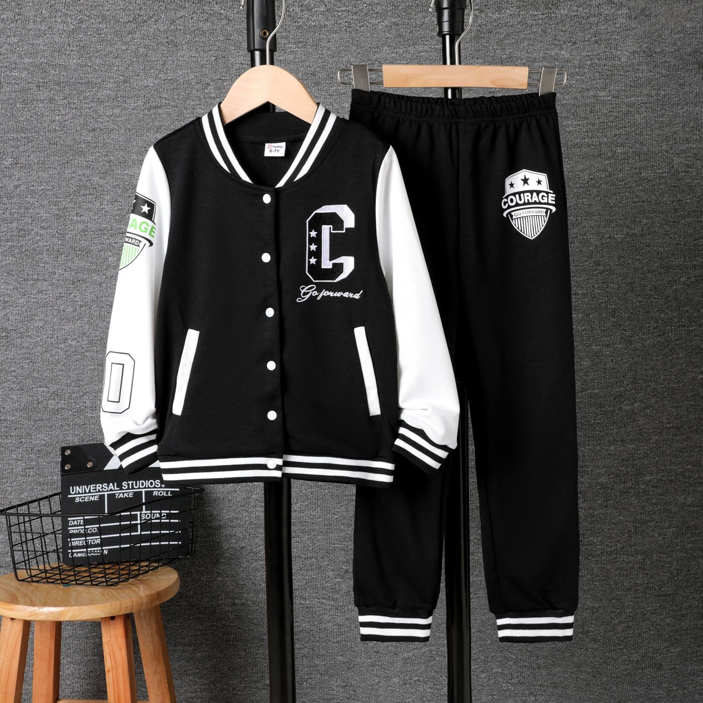 2pcs Kid Boy Buttons Front Letters Embroidery Varsity Jacket And Pants Set