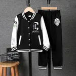 2pcs Kid Boy Buttons Front Letters Embroidery Varsity Jacket and Pants Set Black