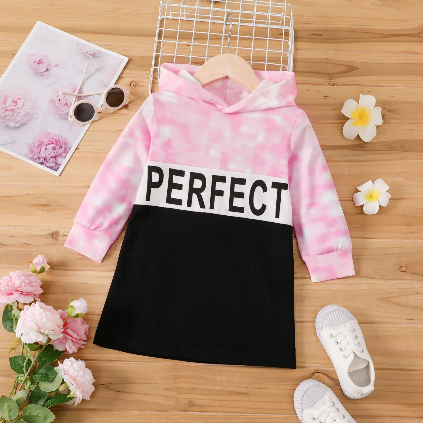 Toddler Girl Letter Print Tie Dye Hooded Dress  Pink big image 1