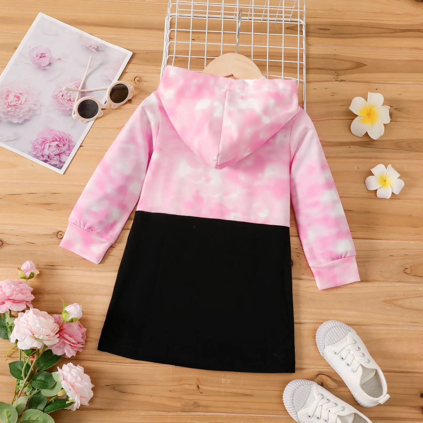 Toddler Girl Letter Print Tie Dye Hooded Dress  Pink image 2