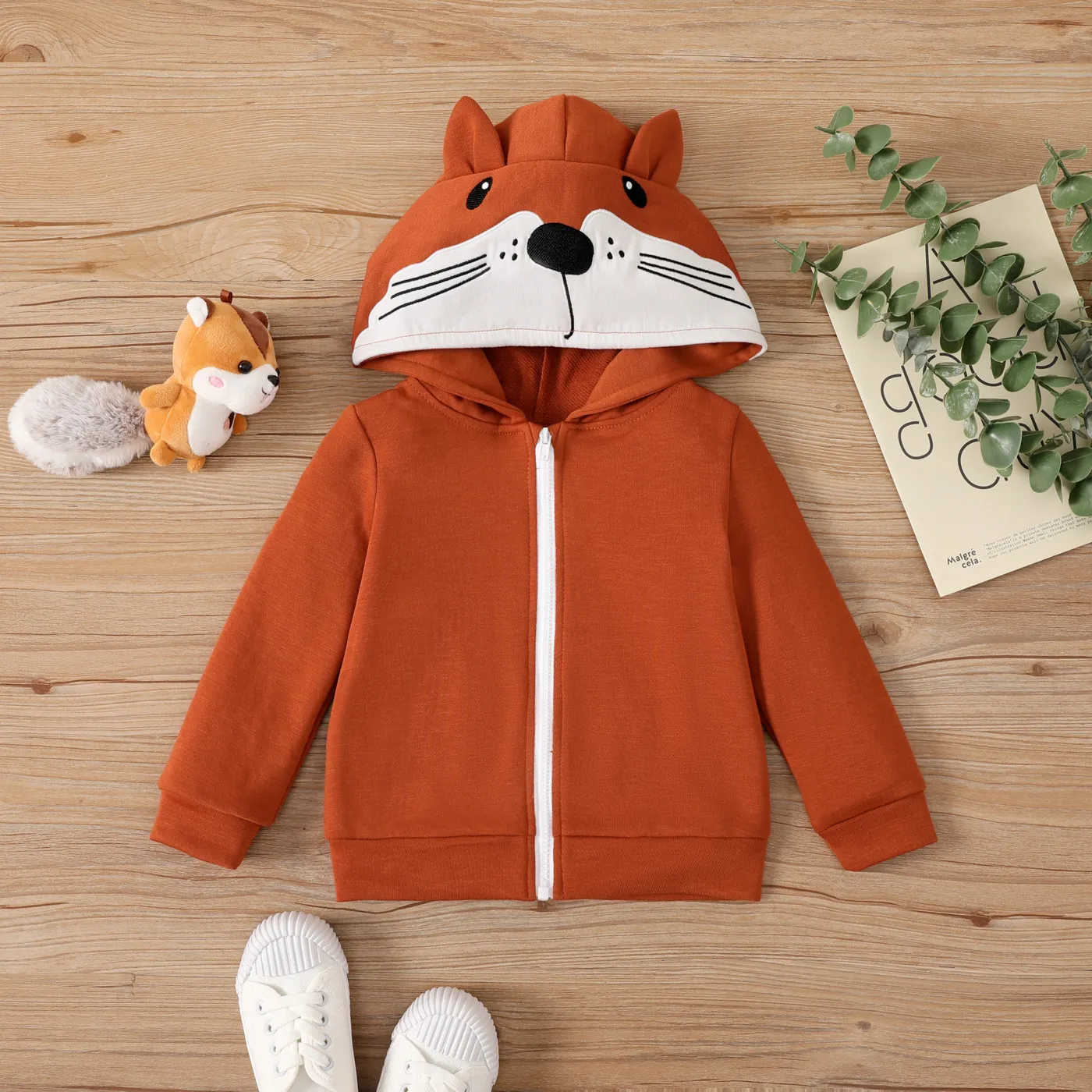 Toddler Girl Fox Pattern Zipper Hooded Jackets Brick red big image 1