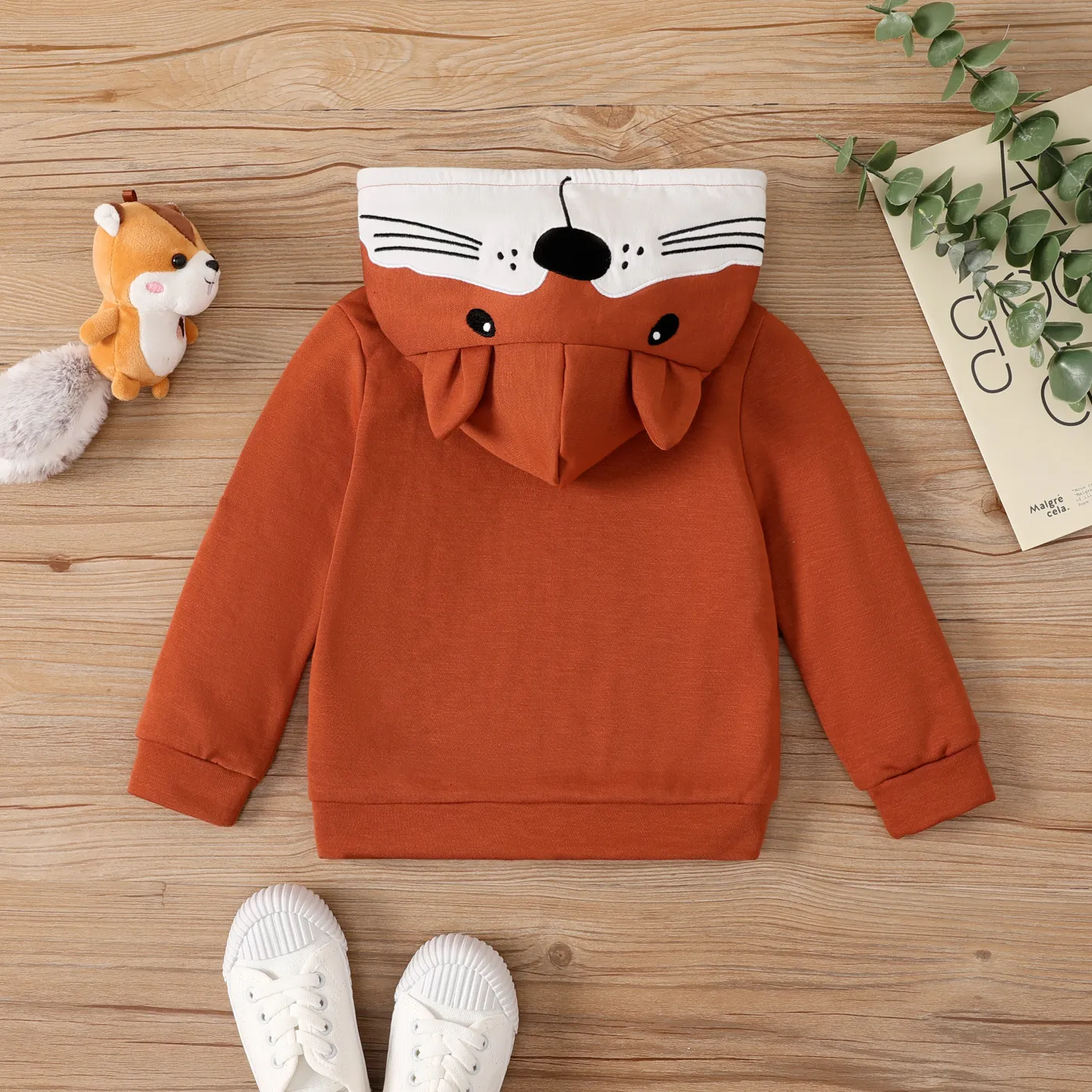Toddler Girl Fox Pattern Zipper Hooded Jackets Brick red image 3