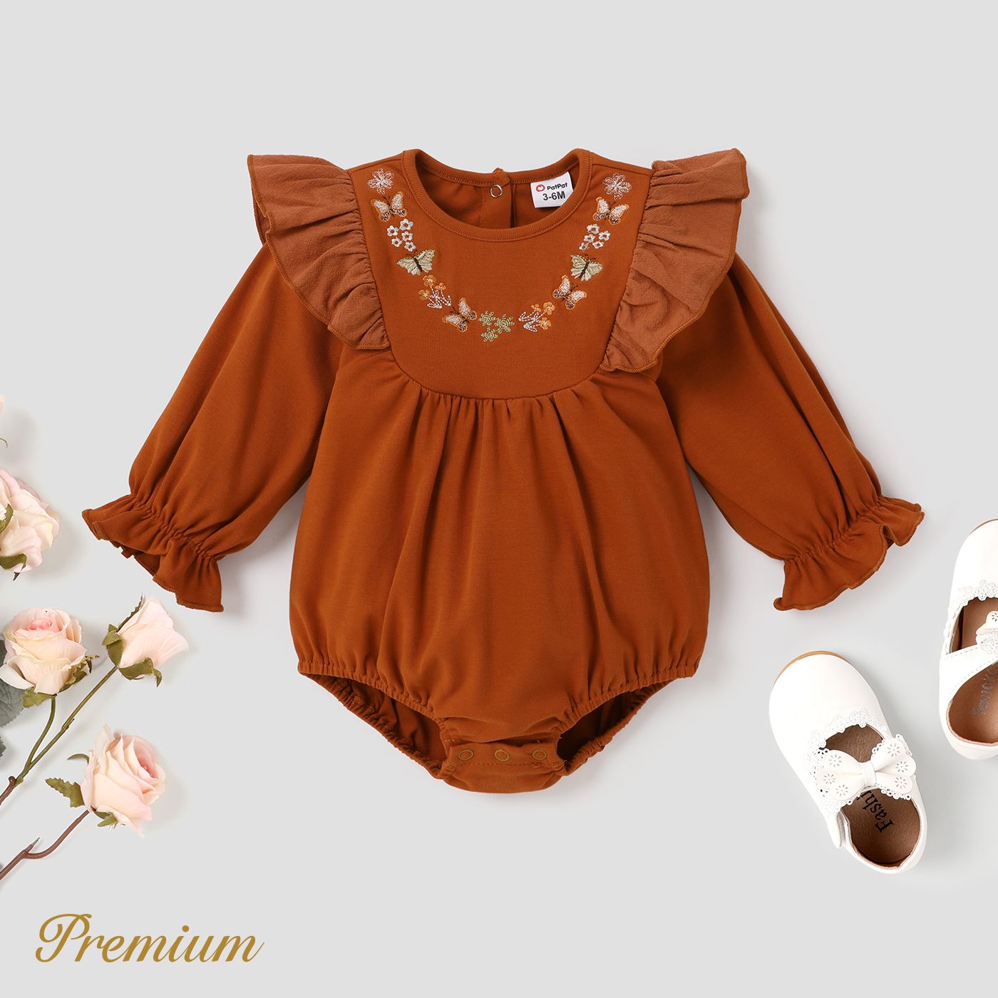 Baby Girl Butterfly Embroidered Ruffled Long-sleeve Romper