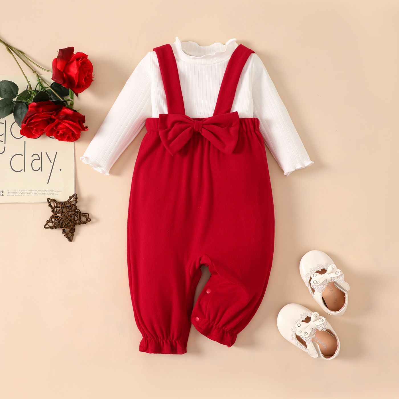 2pcs Baby Girl 95% Cotton Ribbed Ruffle Solid Long-sleeve Top and Bow Decor Overalls Set