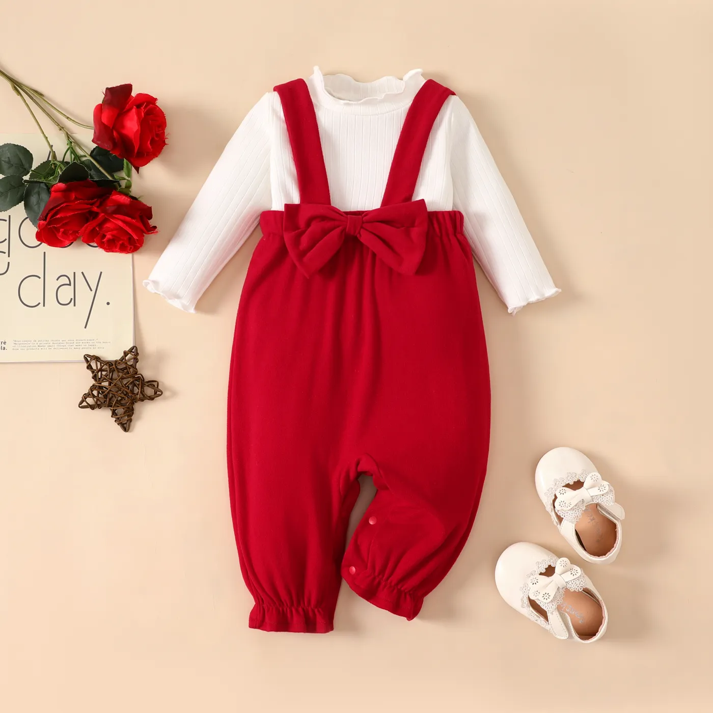2pcs Baby Girl 95% Cotton Ribbed Ruffle Solid Long-sleeve Top and Bow Decor Overalls Set Red big image 1