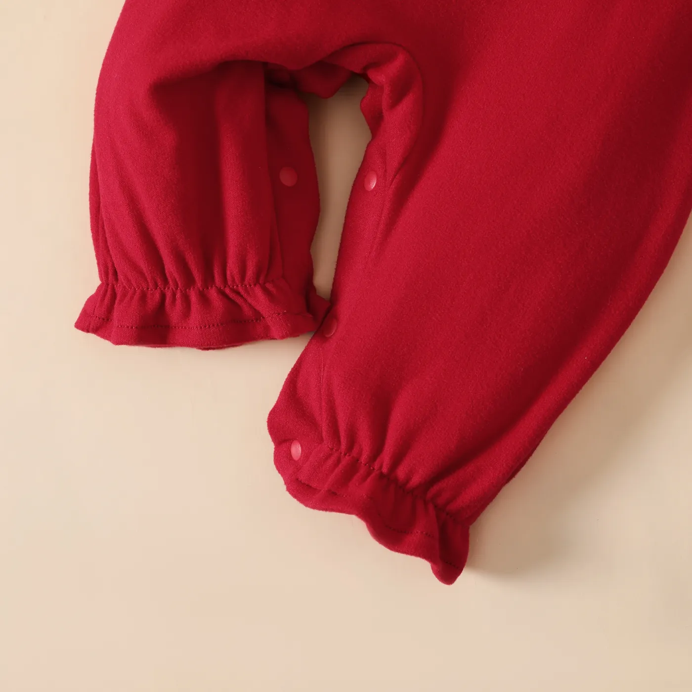 2pcs Baby Girl 95% Cotton Ribbed Ruffle Solid Long-sleeve Top and Bow Decor Overalls Set Red image 6