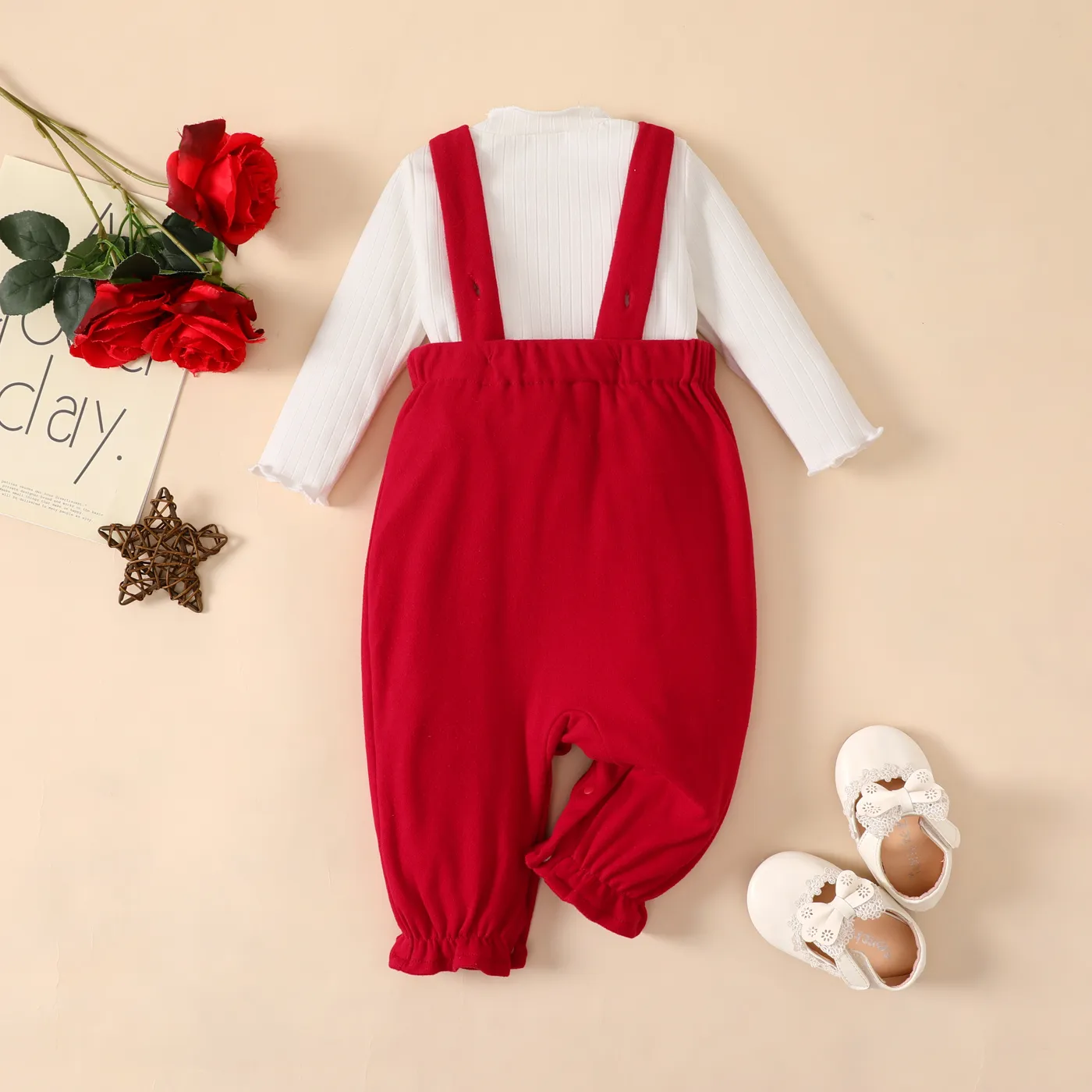 2pcs Baby Girl 95% Cotton Ribbed Ruffle Solid Long-sleeve Top and Bow Decor Overalls Set Red image 3