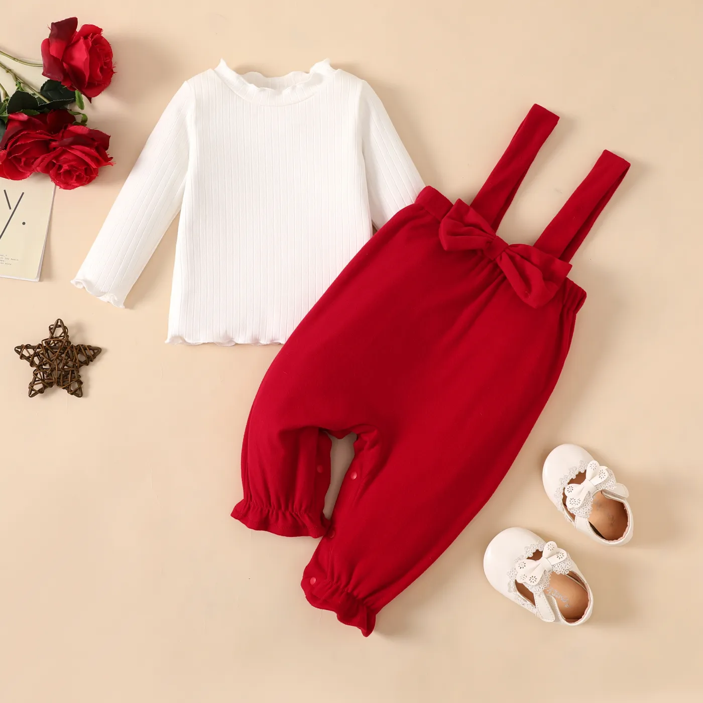2pcs Baby Girl 95% Cotton Ribbed Ruffle Solid Long-sleeve Top and Bow Decor Overalls Set Red image 2